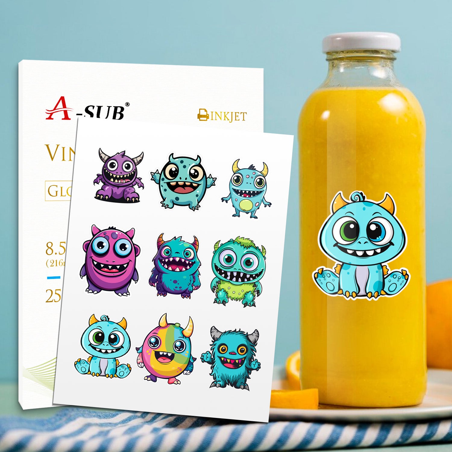 A-SUB White Vinyl Sticker Paper with Cute Monster Design (Desgin Included)