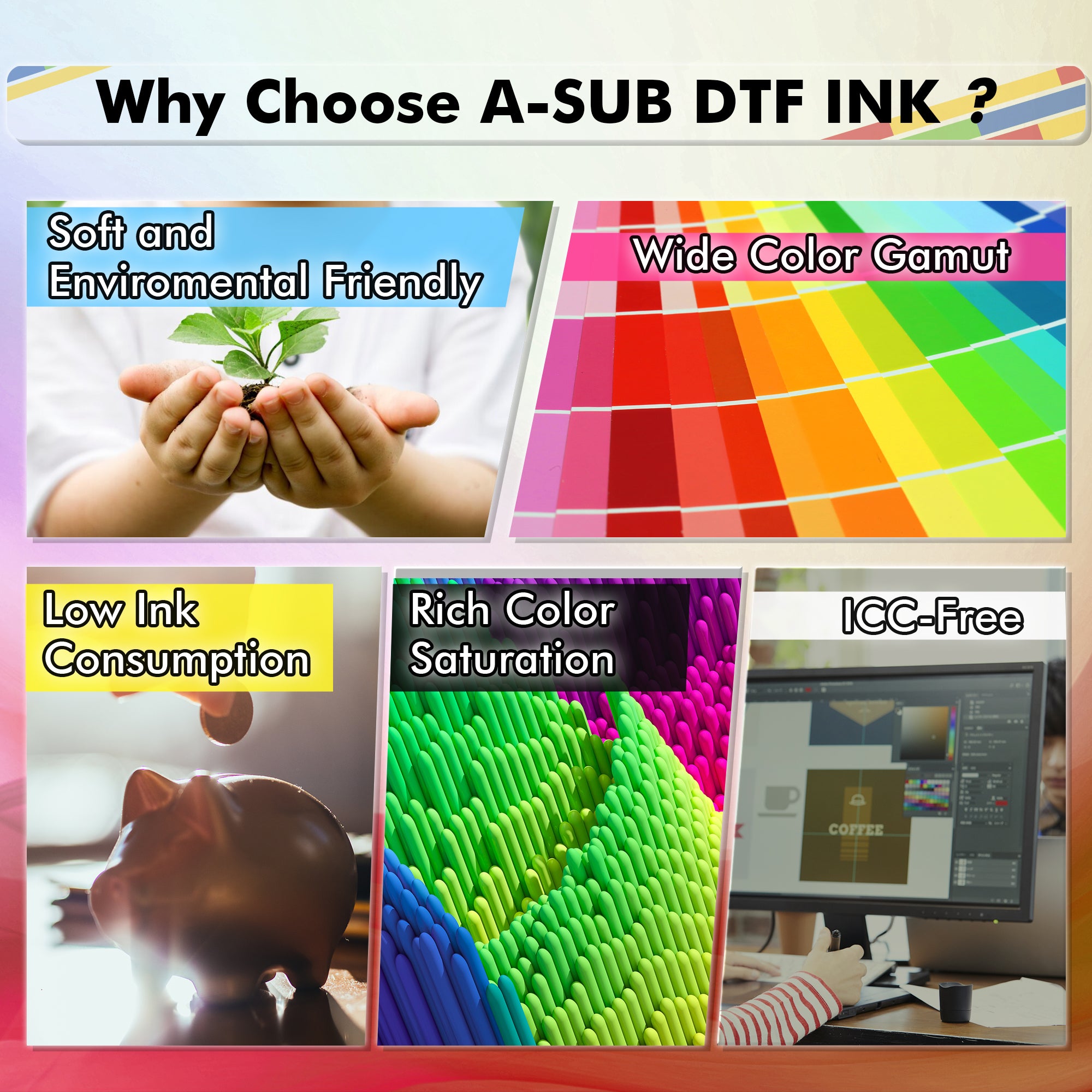 A-SUB  DTF Ink 600ML all in one for Beginner (100ml x 6, CMYK Wh)