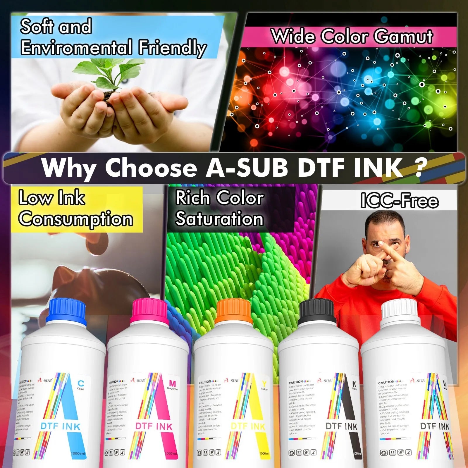 A-SUB  DTF Ink 1000ML 1 Pack (White Black Cyan Magenta Yellow)