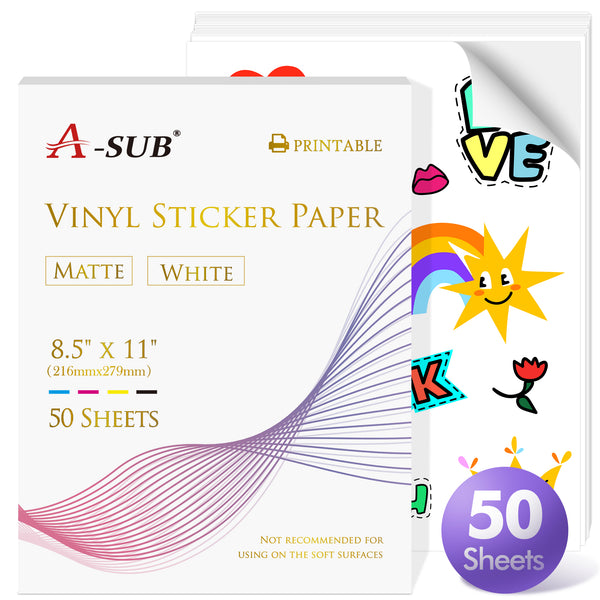A-SUB Waterproof Matte Vinyl Sticker Paper for Inkjet Printer 50 Sheets