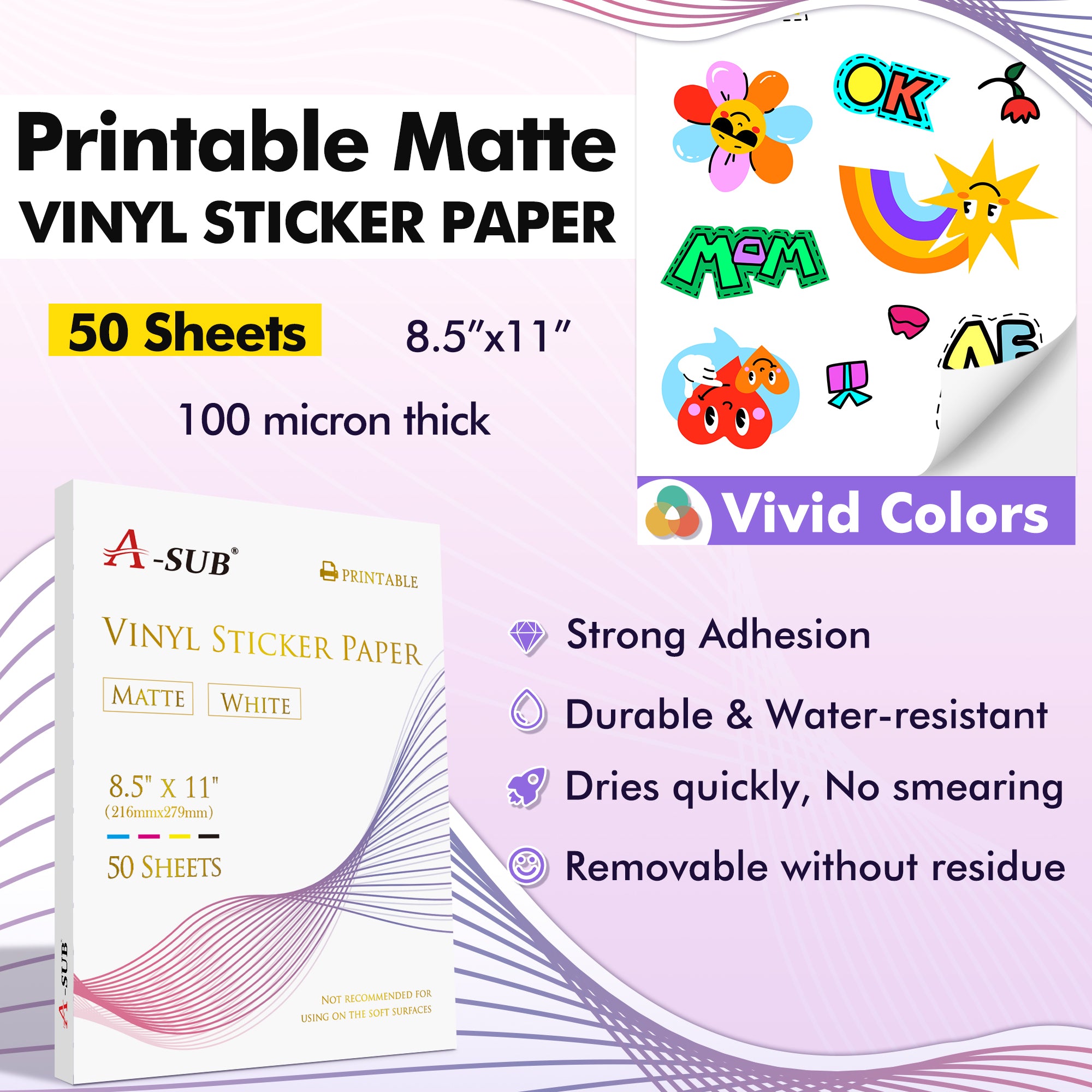 A-SUB Waterproof Matte Vinyl Sticker Paper for Inkjet Printer 50 Sheets