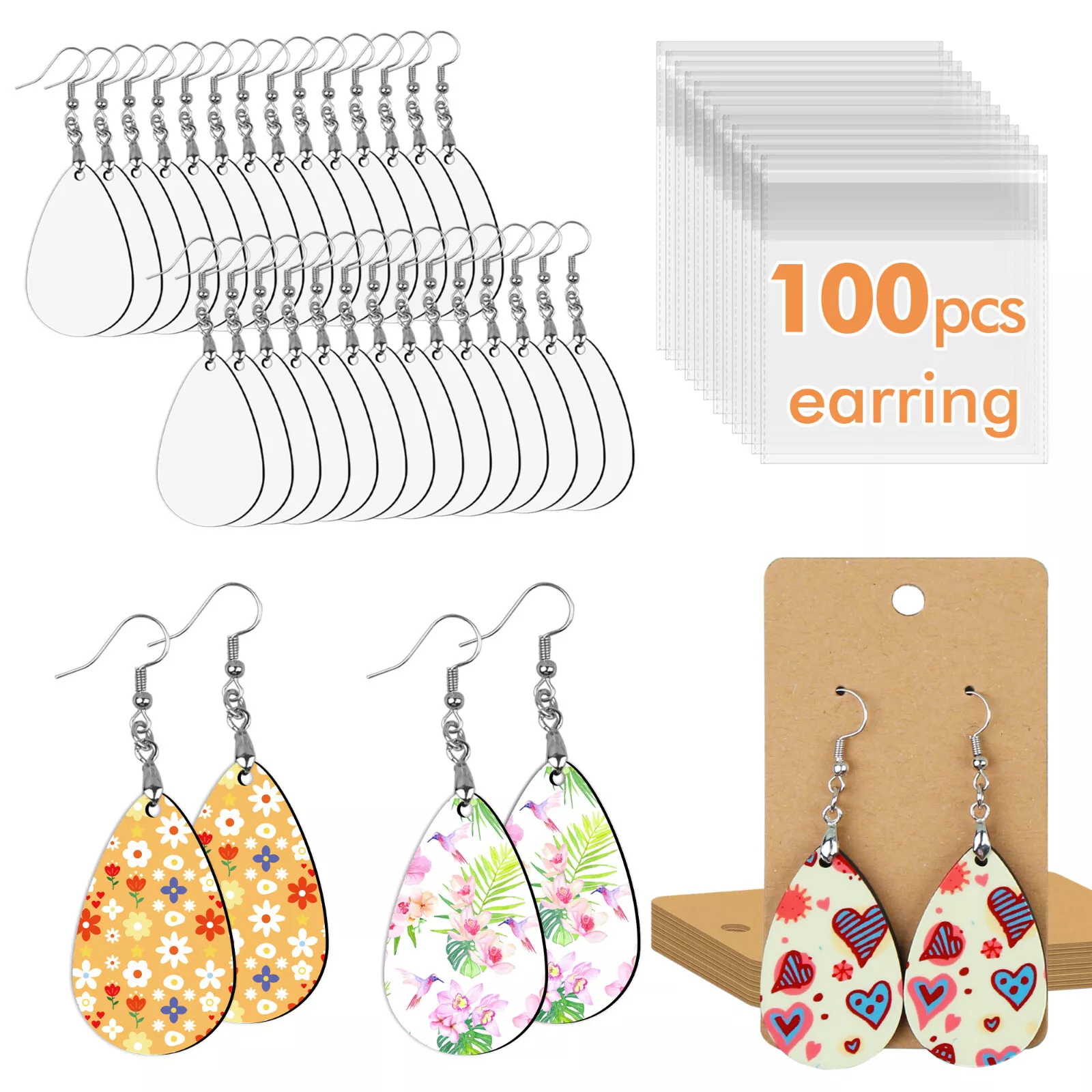 Earrings Teardrop Sublimation Blank Double-Sided 50 Pairs/100pcs