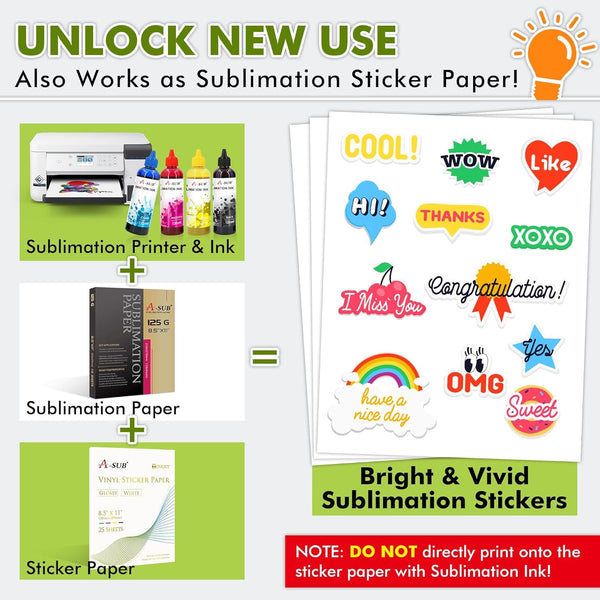 A-SUB Waterproof  Glossy Vinyl Sticker Paper for Inkjet Printer 25 Sheets